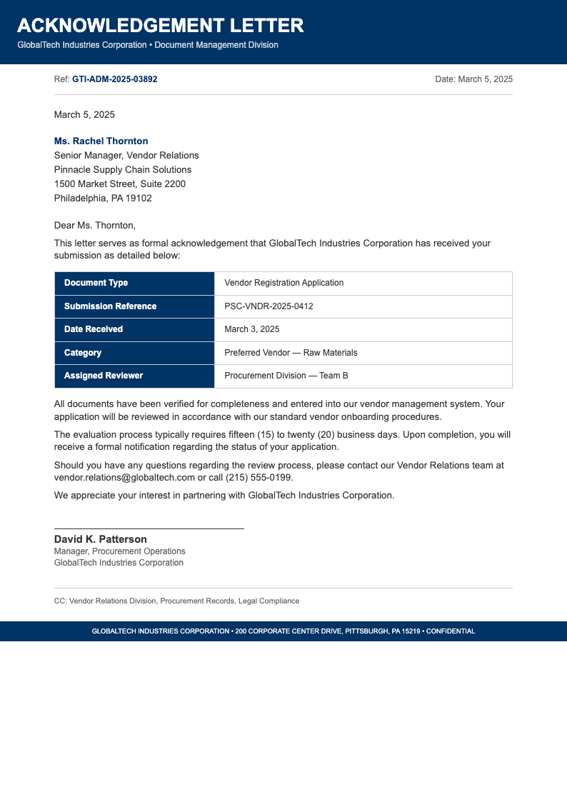 Corporate standard acknowledgement letter